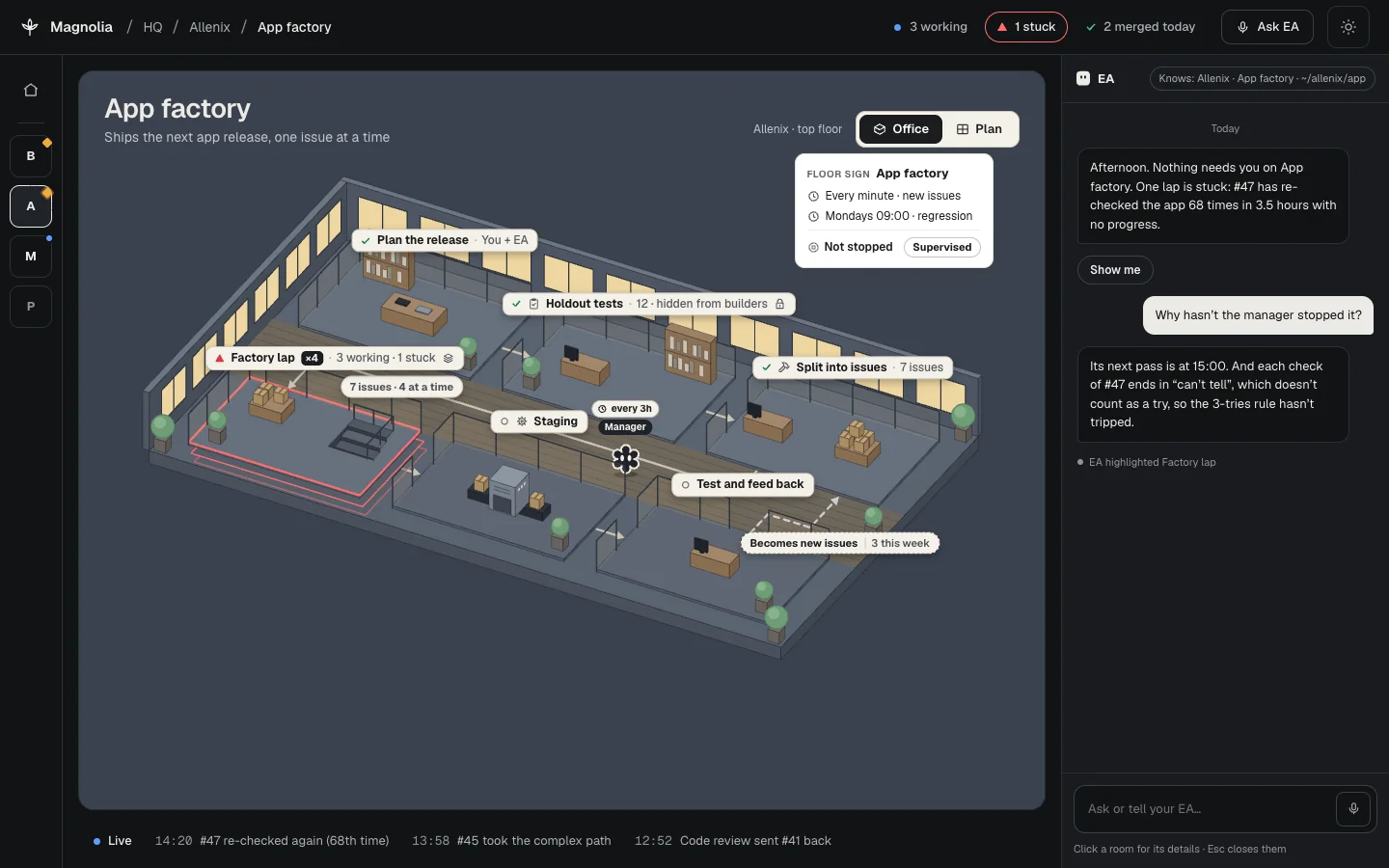 The App factory project in the dusk theme, with the stuck Factory lap room outlined in red.