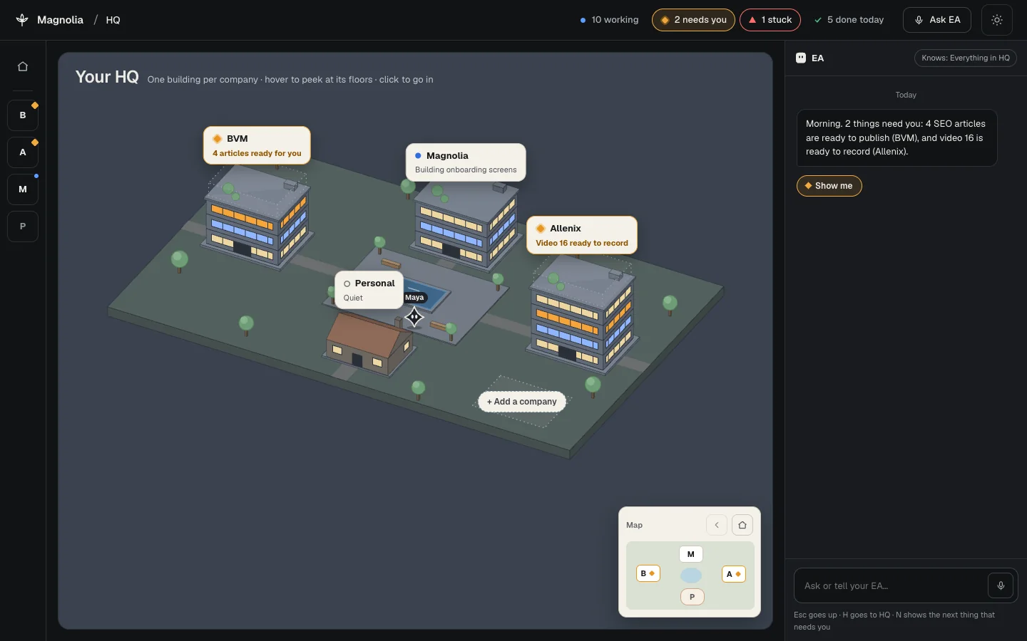 The HQ campus view in the dusk theme, with one tower per company and a status label above each.